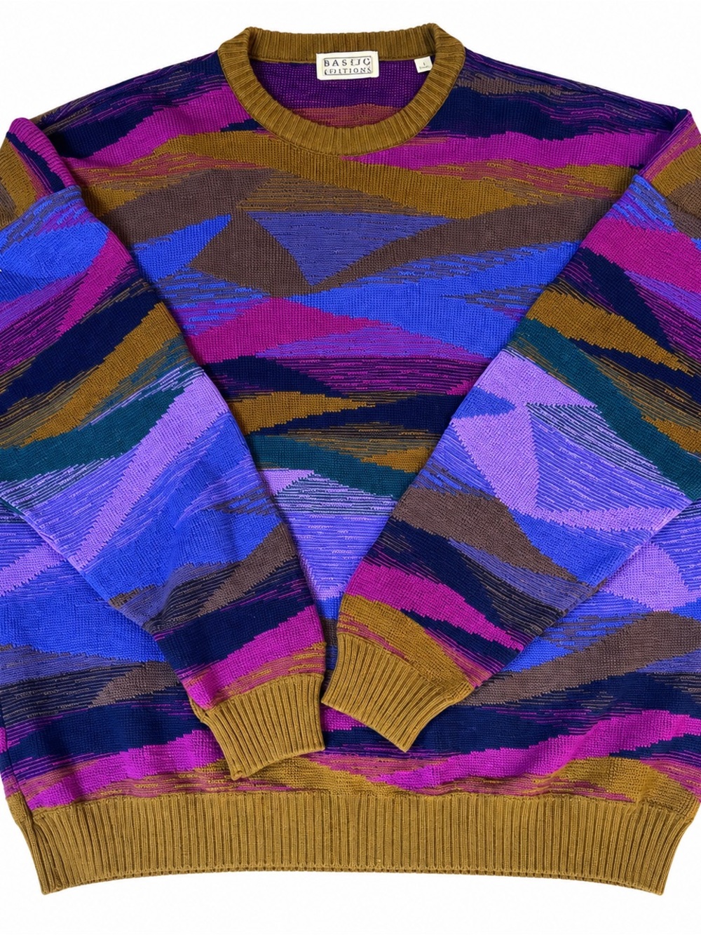 Basic Editions Men's Multicolor Geometric Oversized Crewneck Sweater